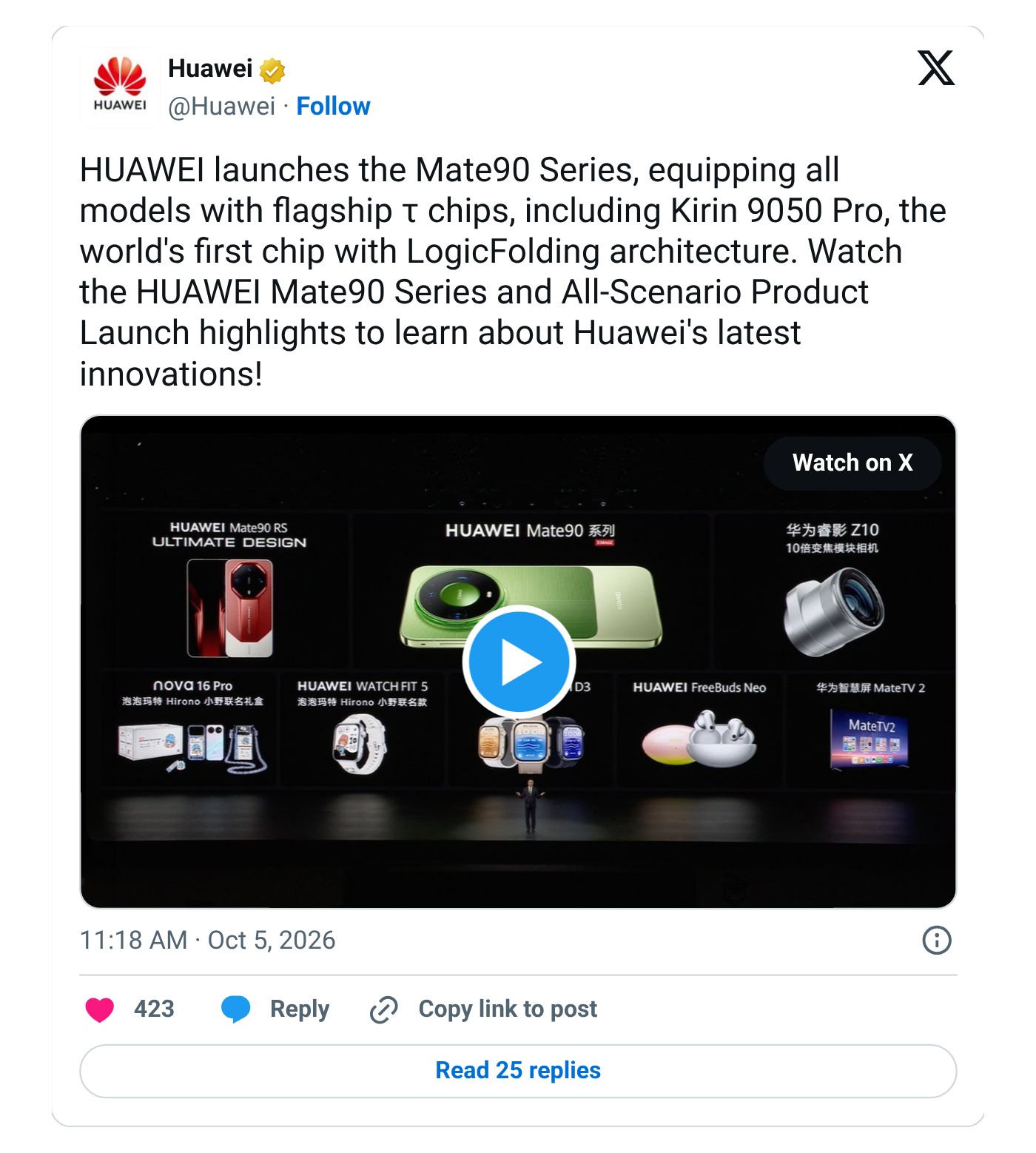 Screenshot: @Huawei on X, calling the Kirin 9050 Pro the world’s first chip with LogicFolding architecture