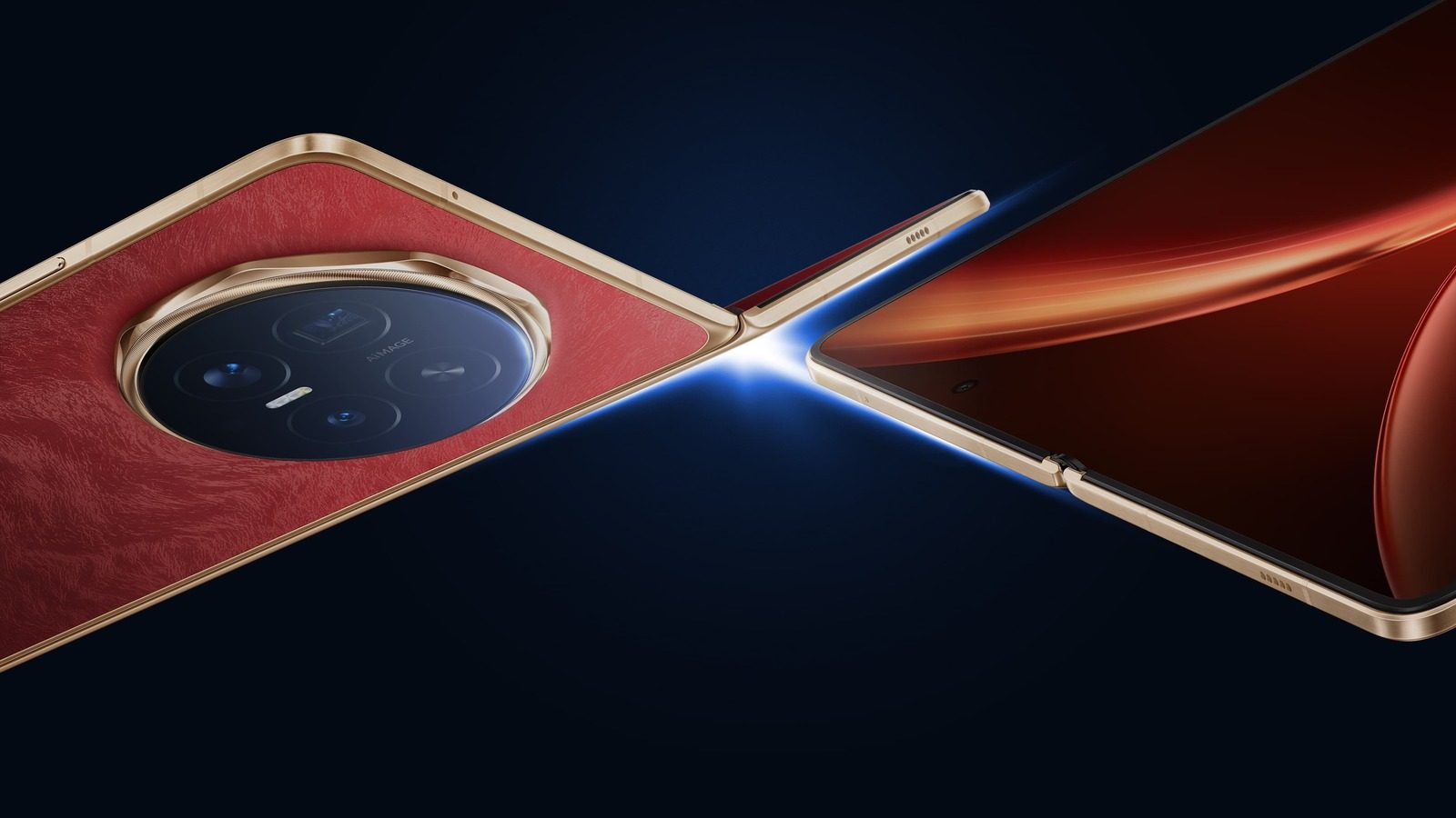 Honor Magic V6 in red leather and gold, unfolding at the hinge