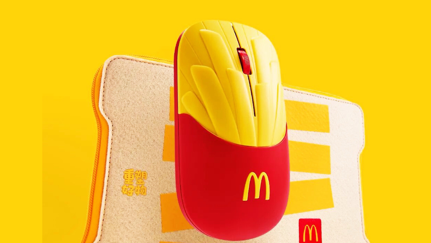 The McDonald's China fries mouse, with the felt carrying pouch that doubles as a mouse pad