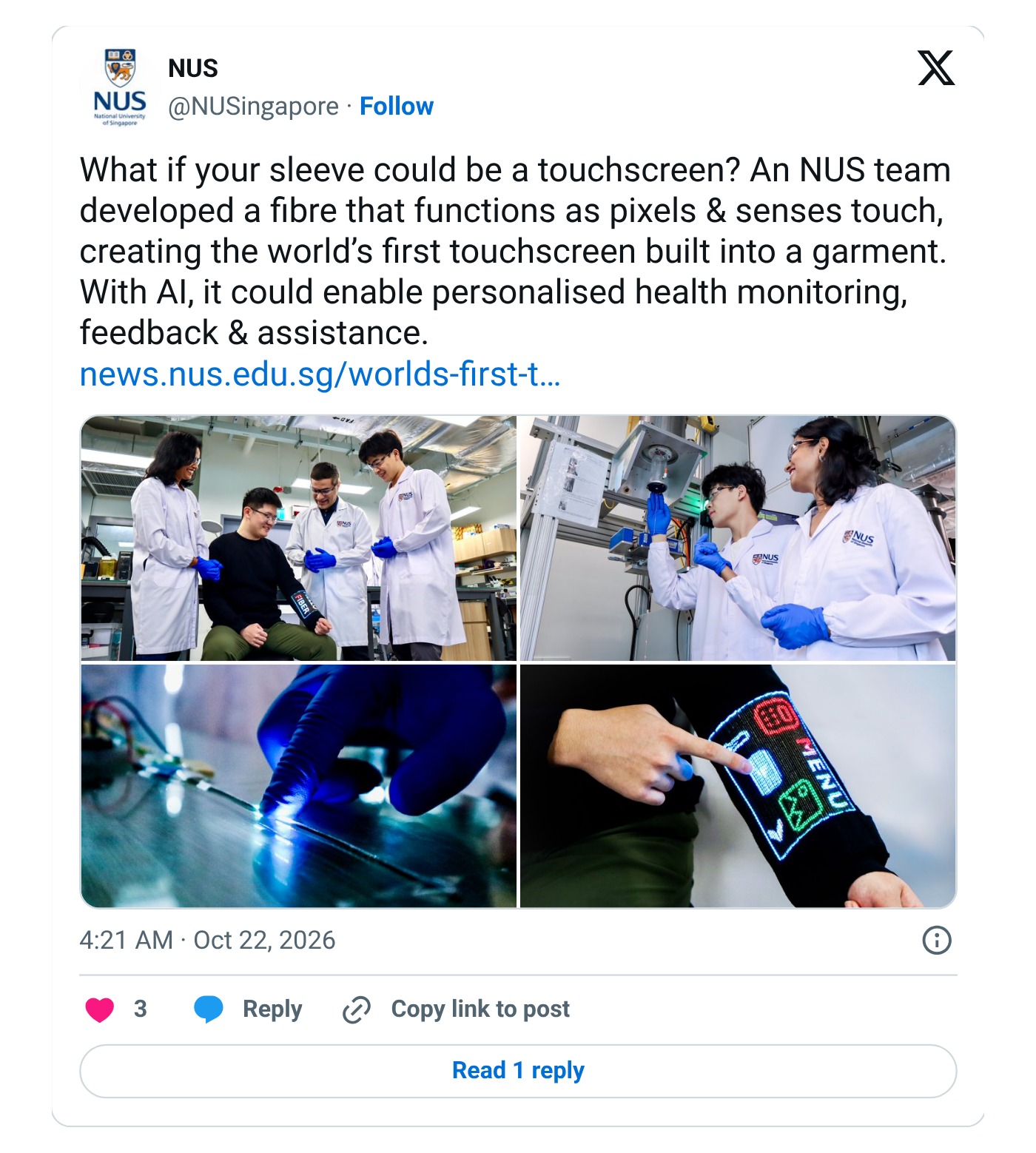 Screenshot: @NUSingapore on X, Oct. 22, 2026
