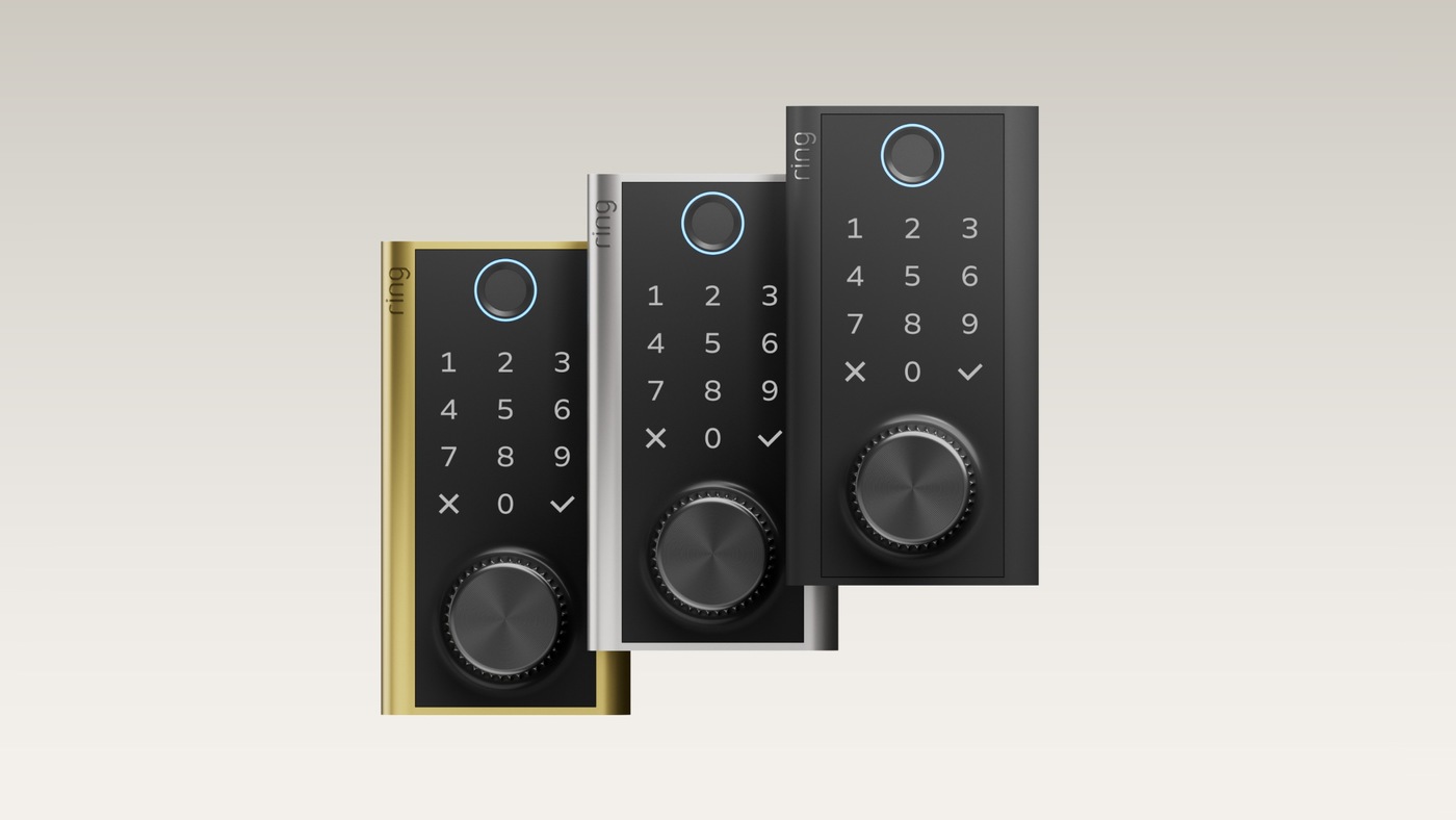 Ring Smart Lock in black, silver, and brass, each with the Power Dial at the bottom of the face