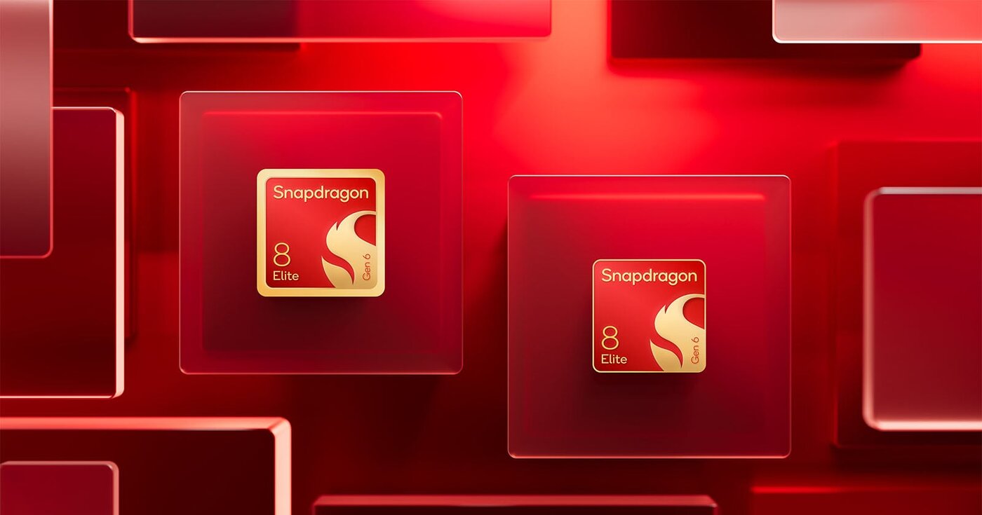 Two Snapdragon 8 Elite Gen 6 chips on red glass blocks