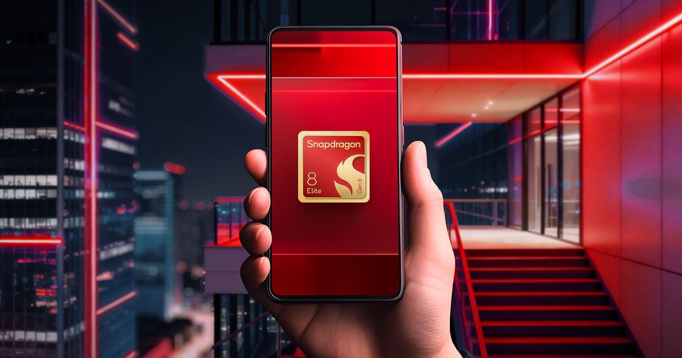 Hand holding a phone showing the Snapdragon 8 Elite Gen 6 mark against a red-lit plaza