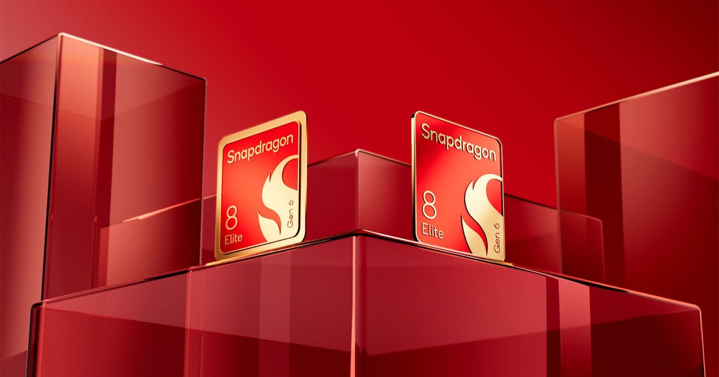 Two Snapdragon 8 Elite Gen 6 chips standing on red glass plinths