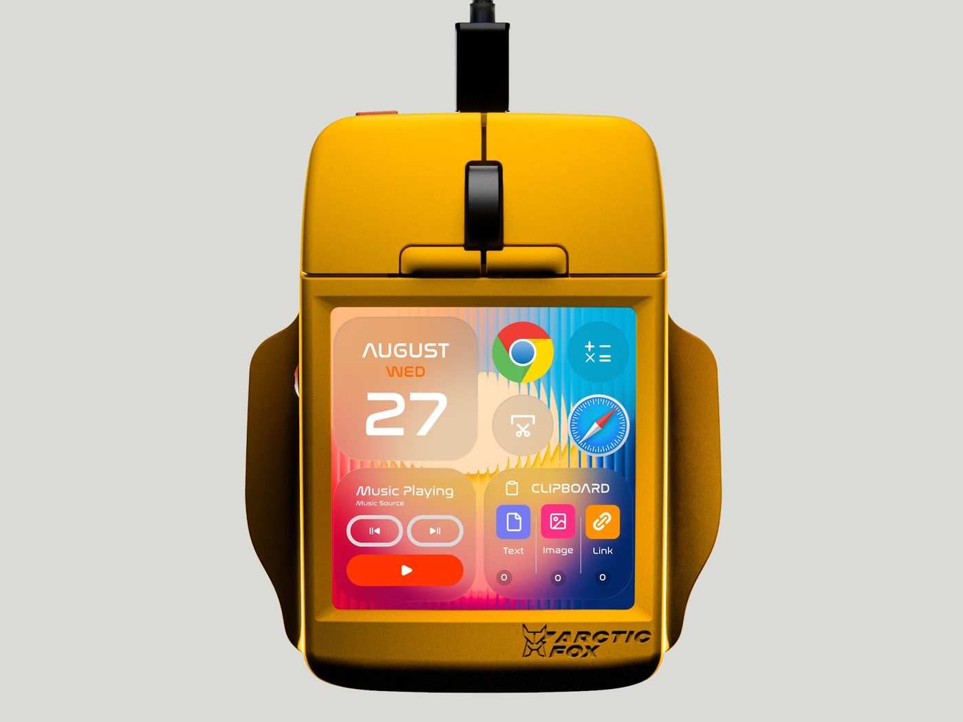 The Super Mouse in the color Arctic Fox calls Divine Yellow, with calendar, clipboard and music widgets on screen.