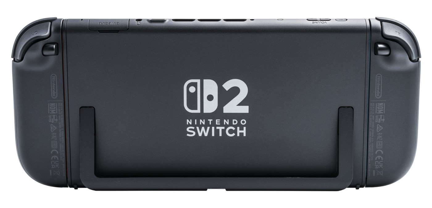 Rear of Nintendo Switch 2 showing case screws and kickstand.