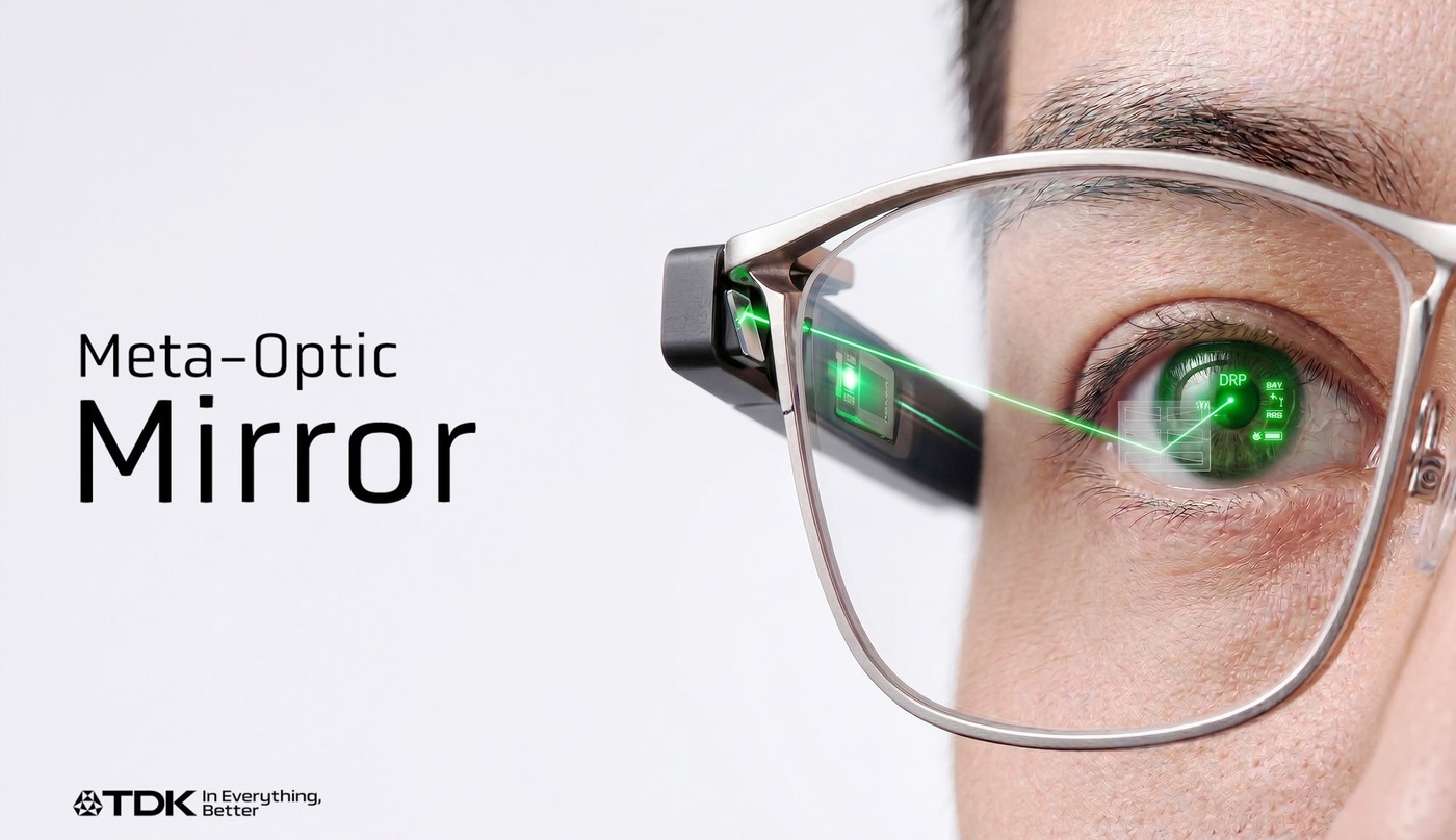 Glasses lens with a laser path projecting onto the wearer's retina, TDK Meta-Optic Mirror key visual