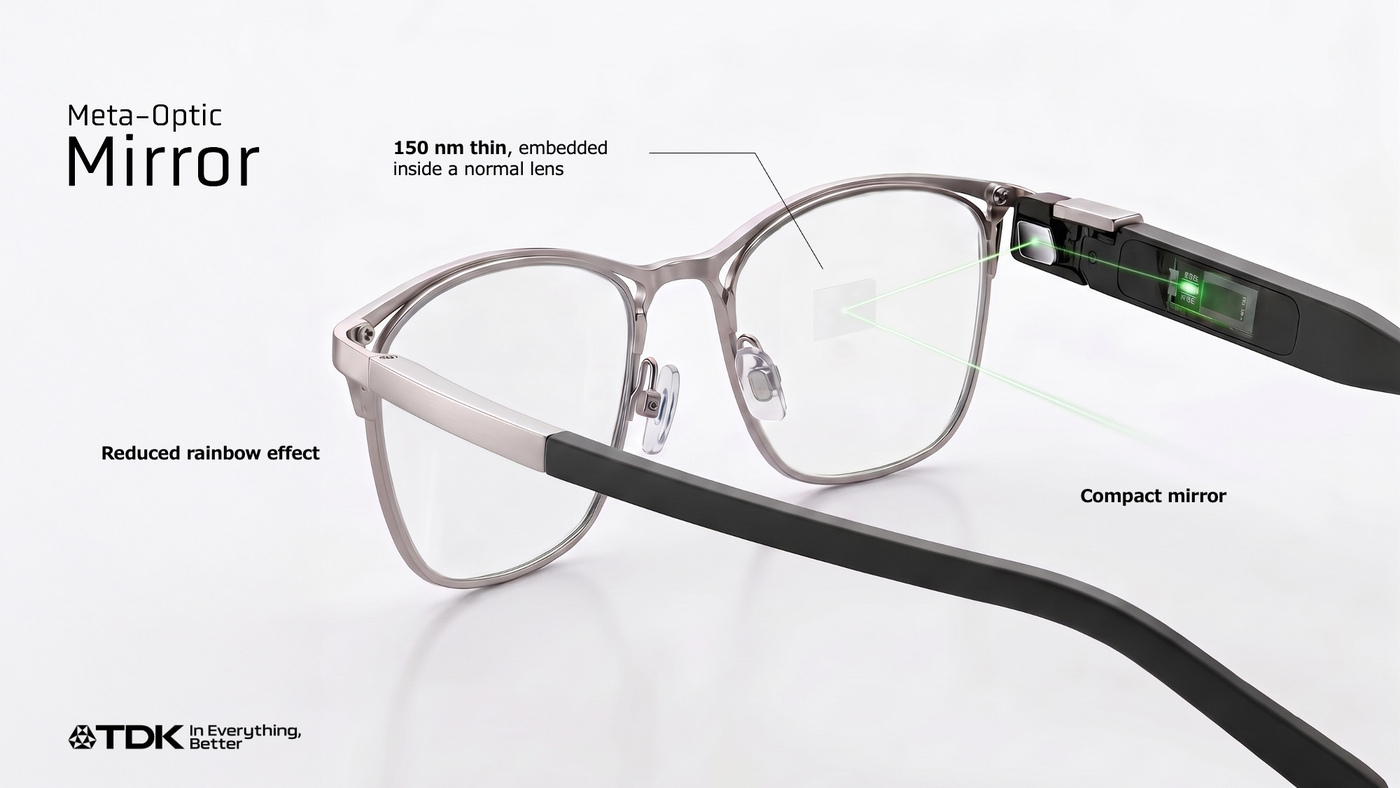 TDK’s prototype frames, with the 150-nanometer meta-optic mirror embedded in the lens.