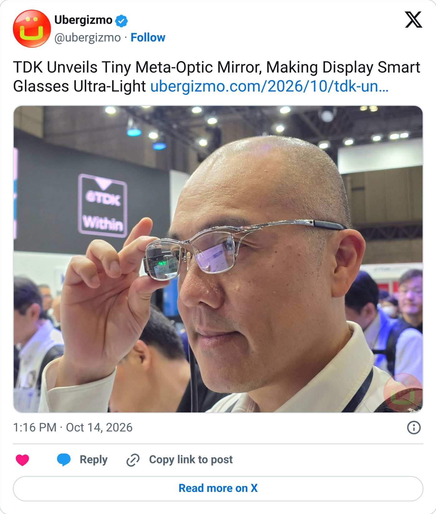 Screenshot: @ubergizmo on X with a hands-on look at TDK’s retinal projection glasses at CEATEC 2026