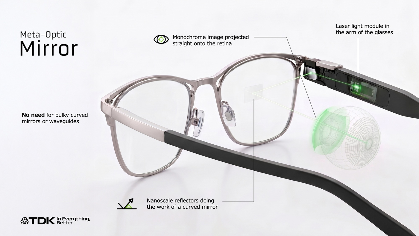 A laser module in the arm sends light to the flat mirror, which reflects a monochrome image onto the retina.