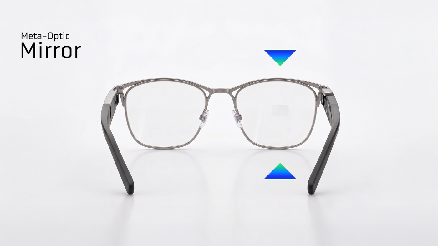 Seen from the front, the meta-optic mirror is only a faint square in the lens.