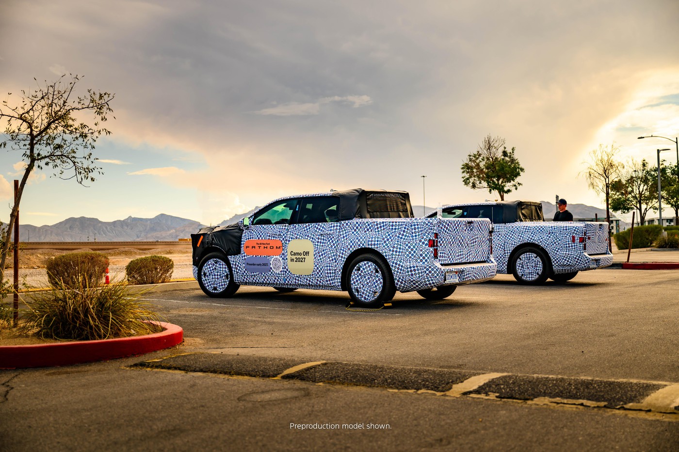 Camouflaged Ford Fathom prototypes. Ford says the electric pickup arrives in 2027.