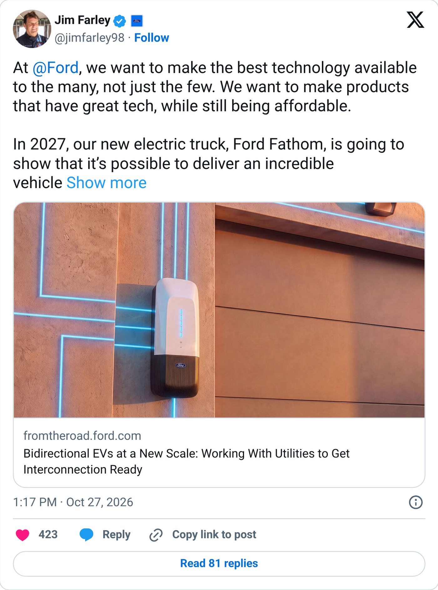 Ford chief executive Jim Farley announced the feature on X.