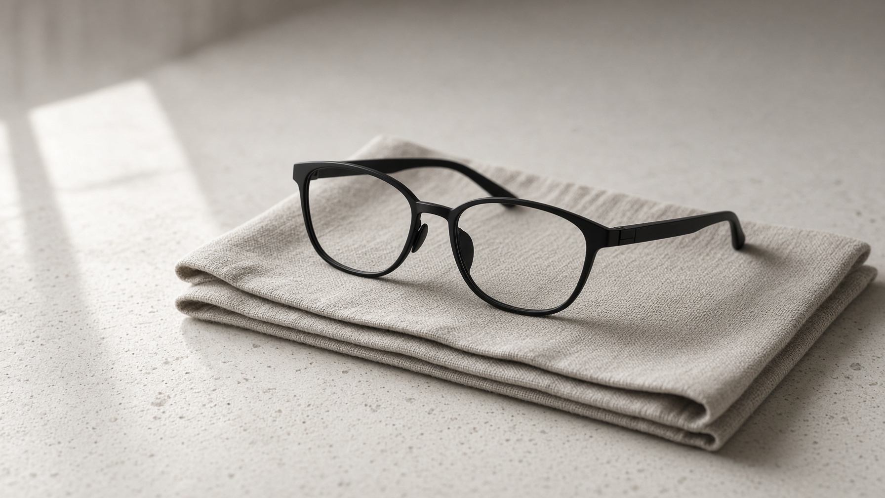 Slim black smart glasses resting on linen