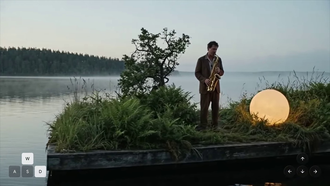 A Genie 4 simulation of a saxophonist on a floating platform, recorded in real time with on-screen controls.