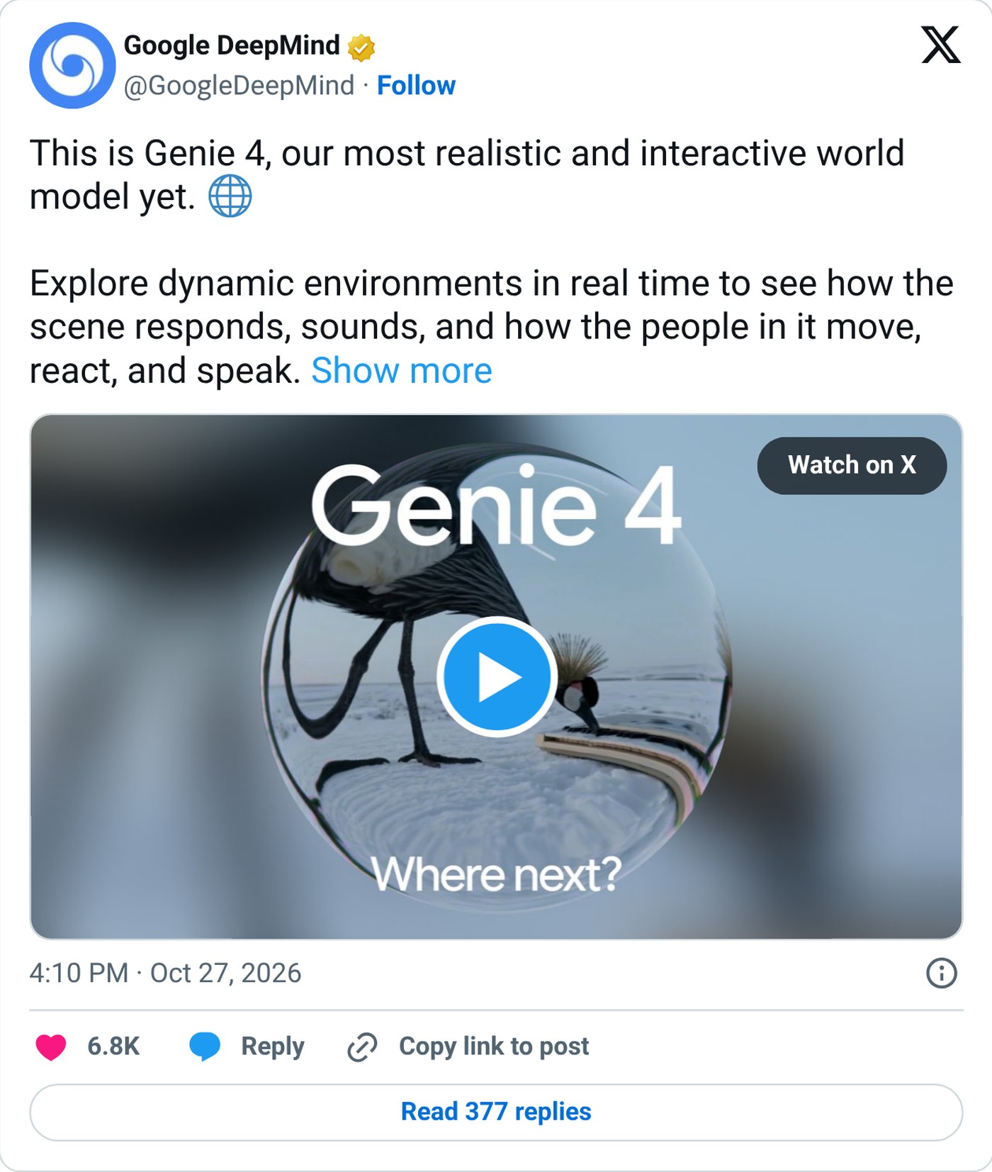 Google DeepMind introduced the model on X.