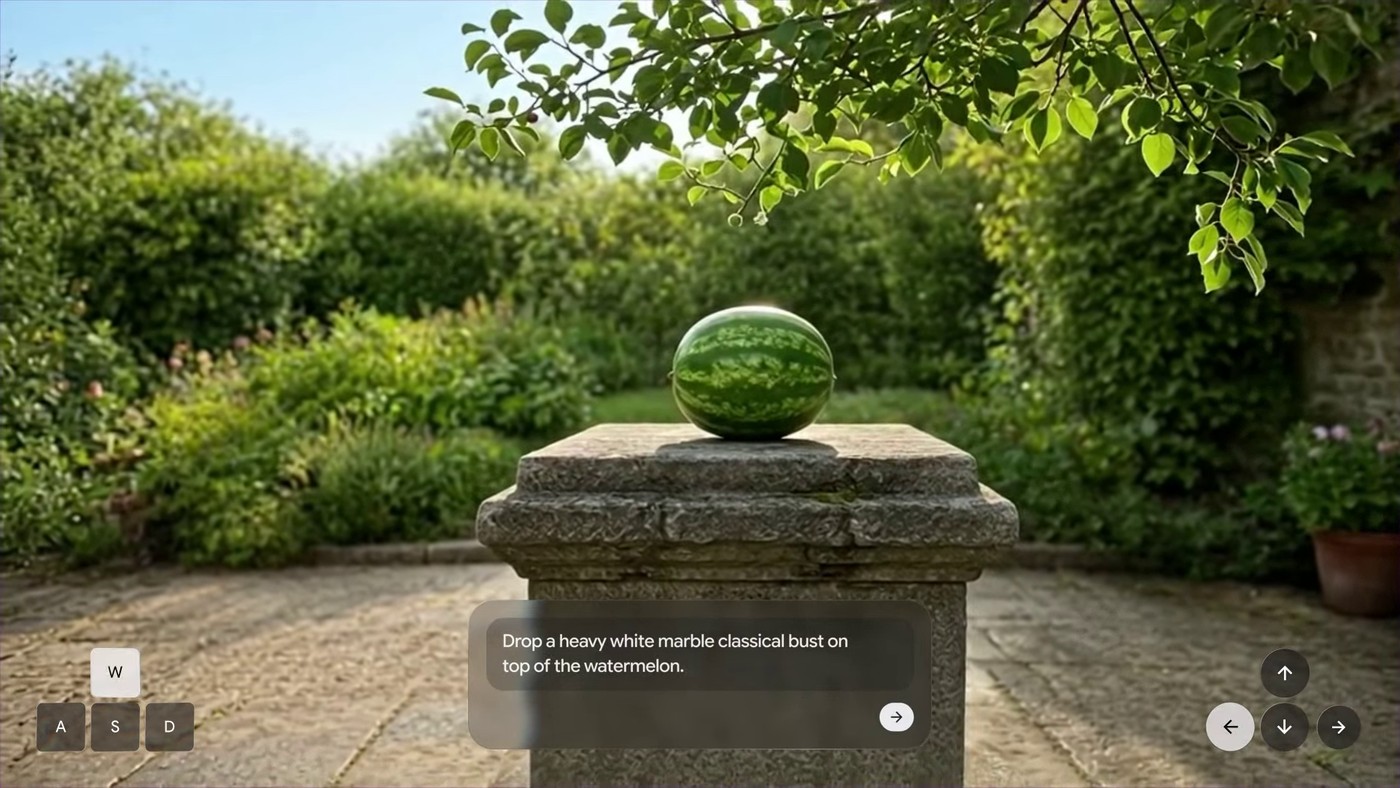 One of DeepMind’s physics demos, with the prompt shown on screen.