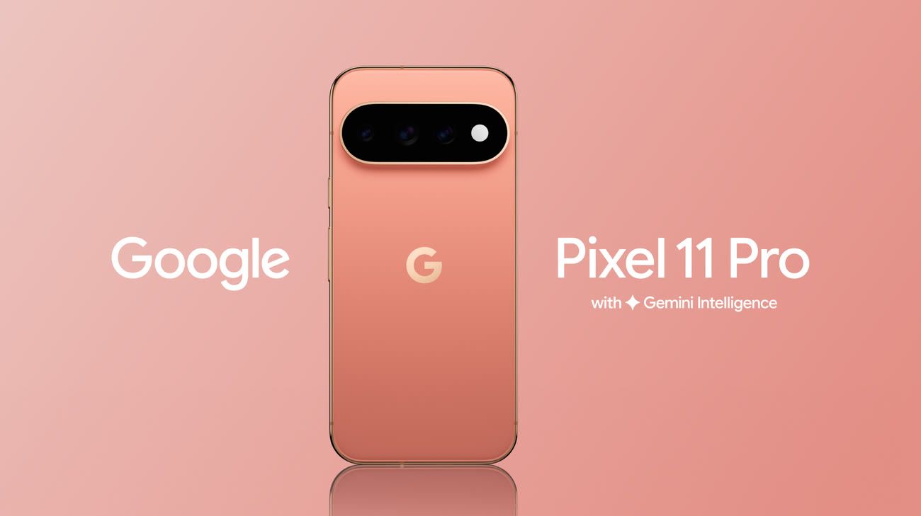Google Pixel 11 Pro in rose gold, advertised with Gemini Intelligence