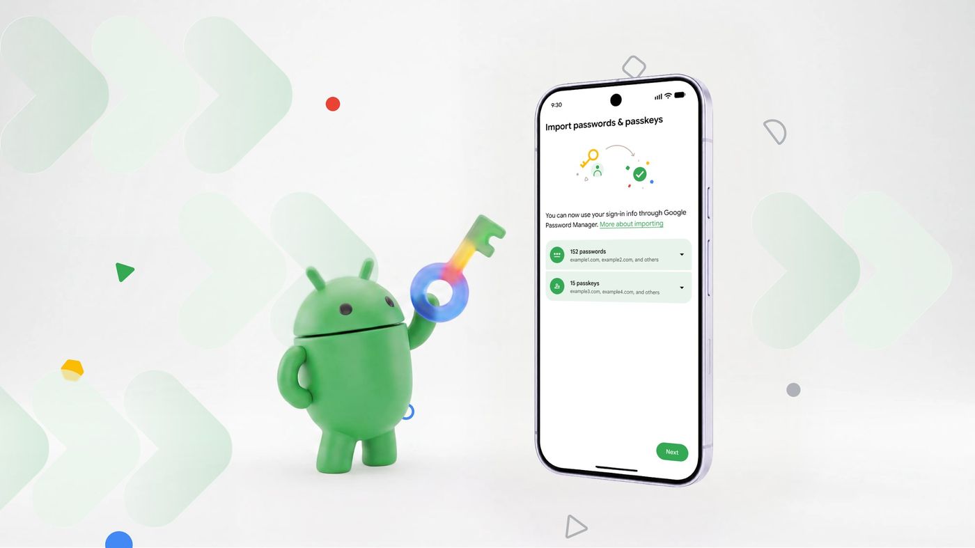 Android mascot beside a phone showing Google Password Manager import