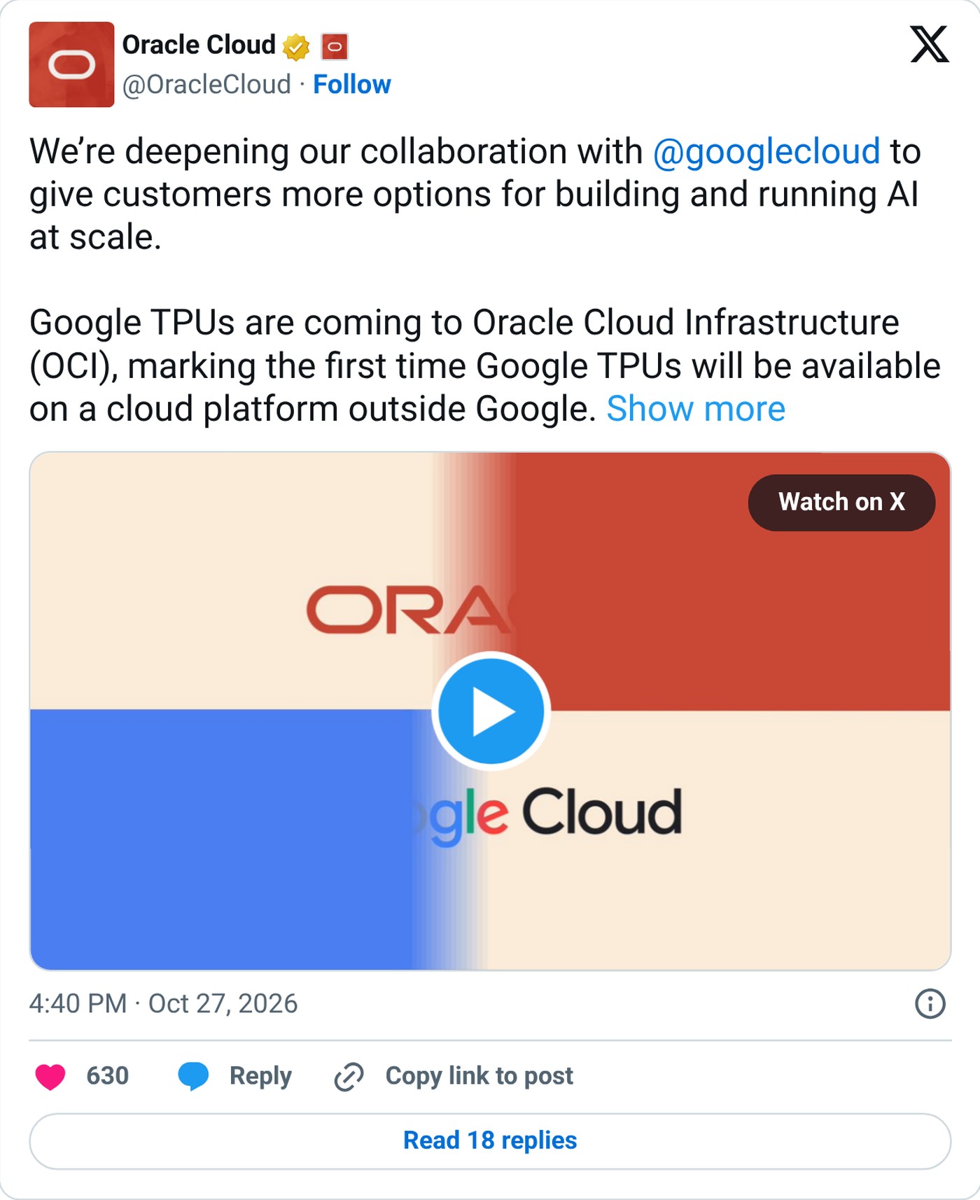 Screenshot: @OracleCloud on X, Oct. 27, 2026