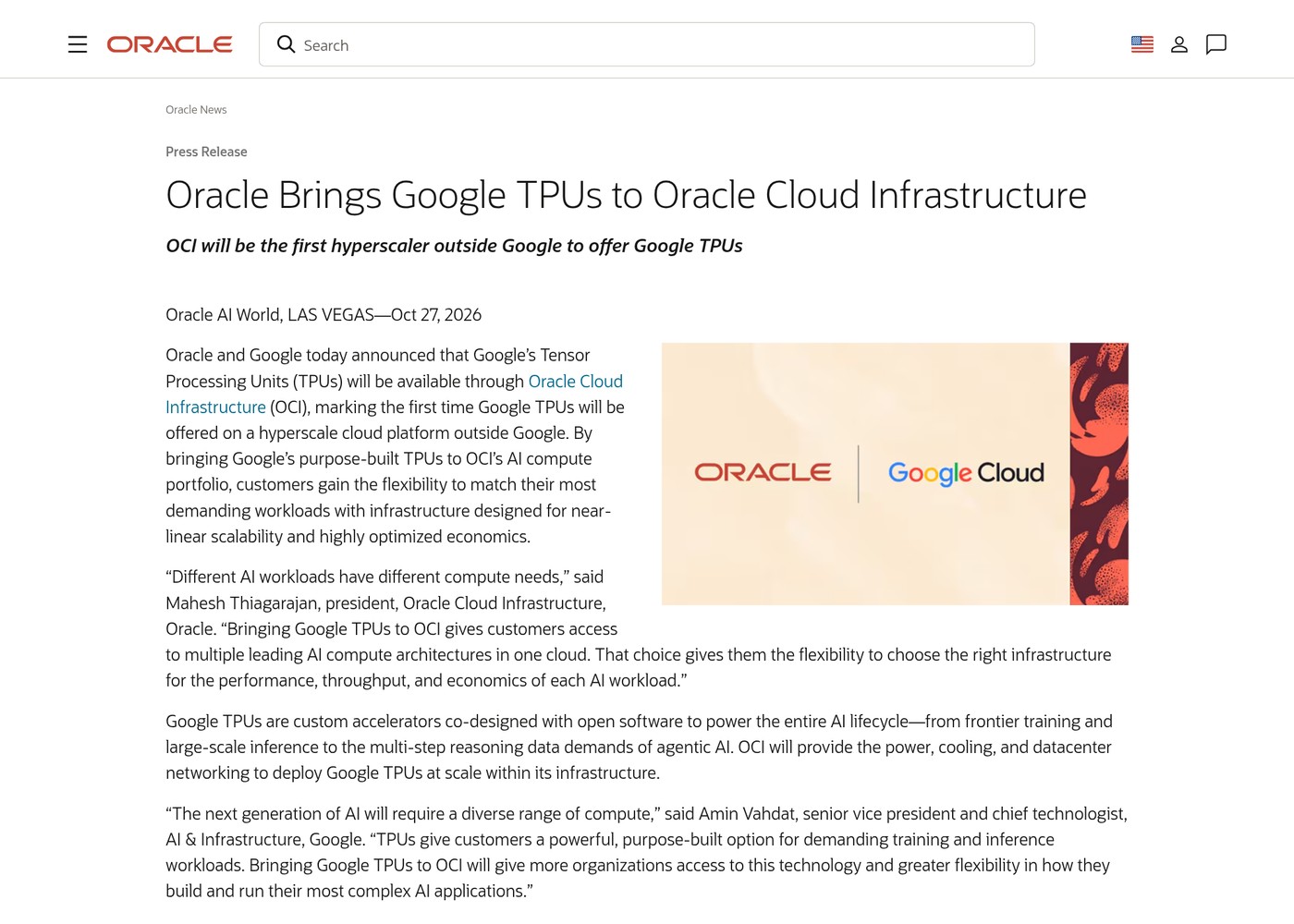 Oracle’s announcement of Google TPUs on OCI.