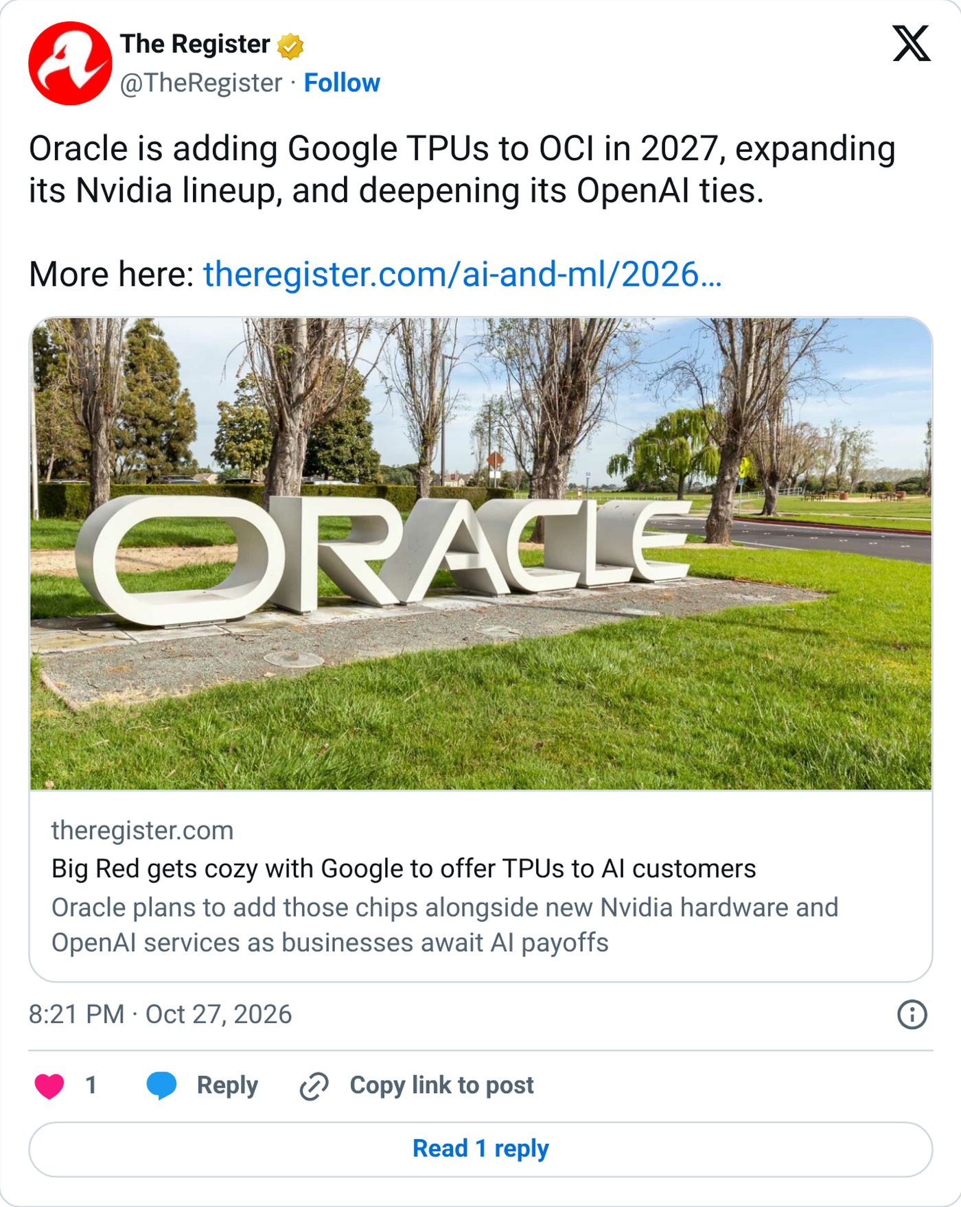 Screenshot: @TheRegister on X, Oct. 27, 2026