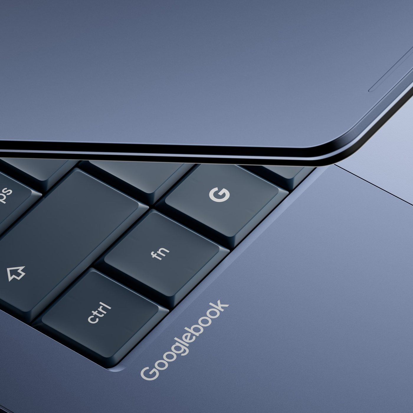 Googlebook keyboard with dedicated G key and palm-rest branding