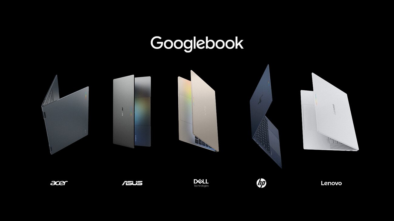 Five OEM Googlebook laptops from Acer, Asus, Dell, HP, and Lenovo on a black backdrop