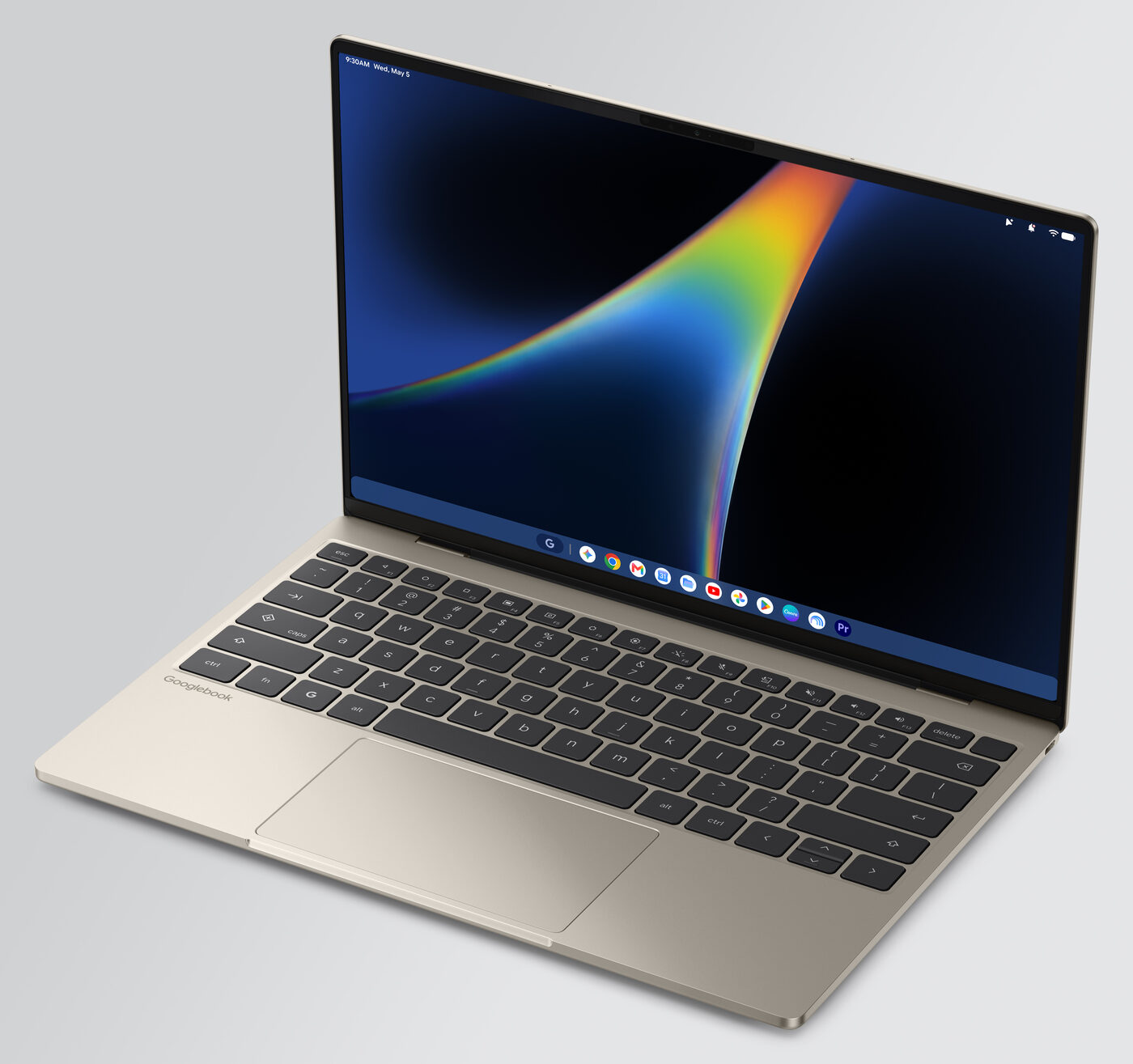 Gold Dell XPS Googlebook open, showing keyboard and rainbow wallpaper