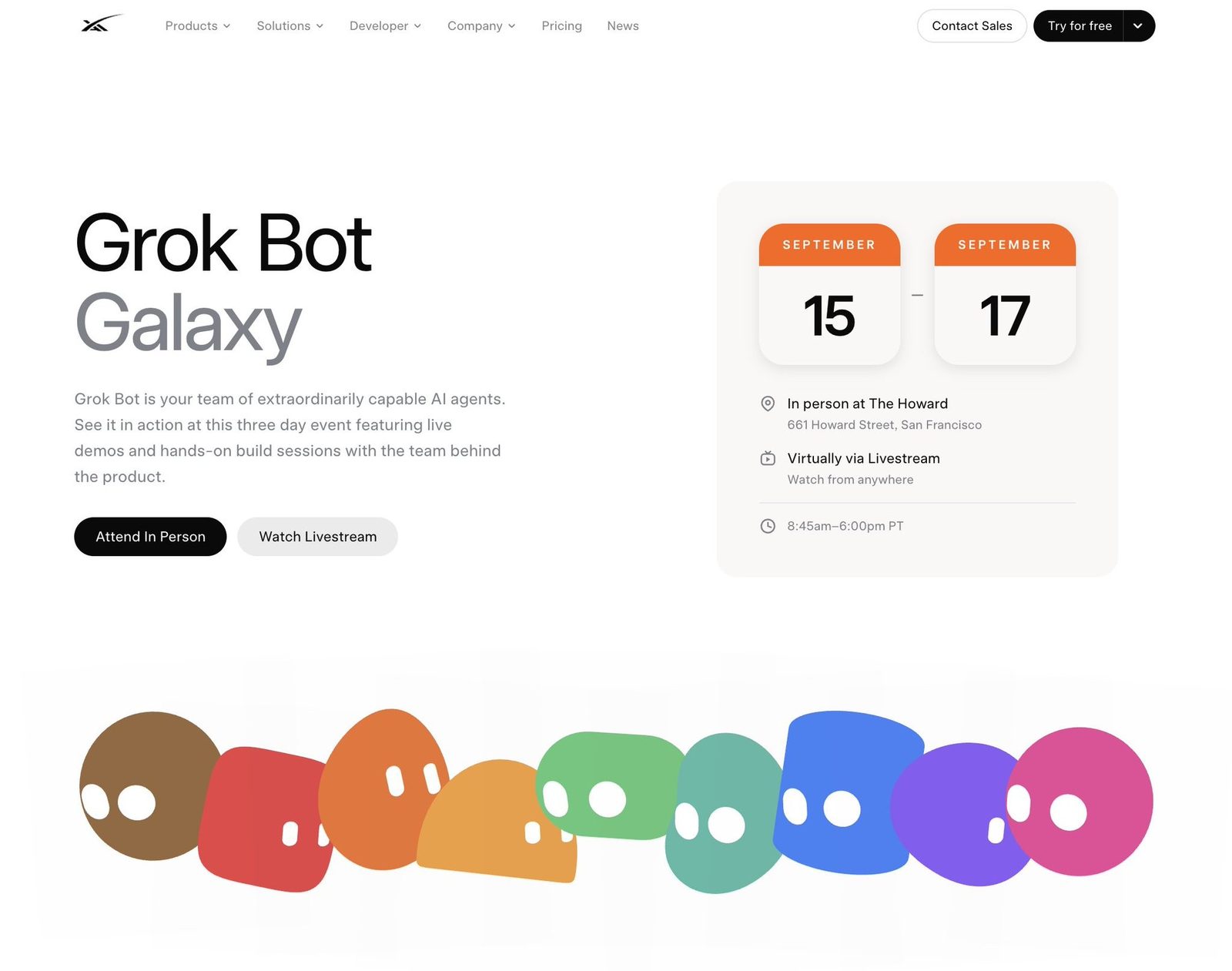 Grok Bot Galaxy event graphic for Sept. 15 - 17 in San Francisco and livestream