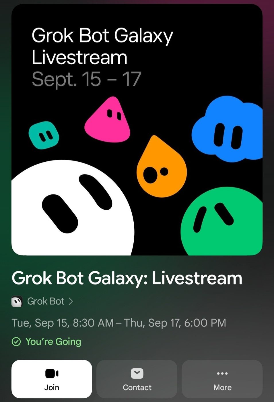 Grok Bot Galaxy three-day session schedule graphic