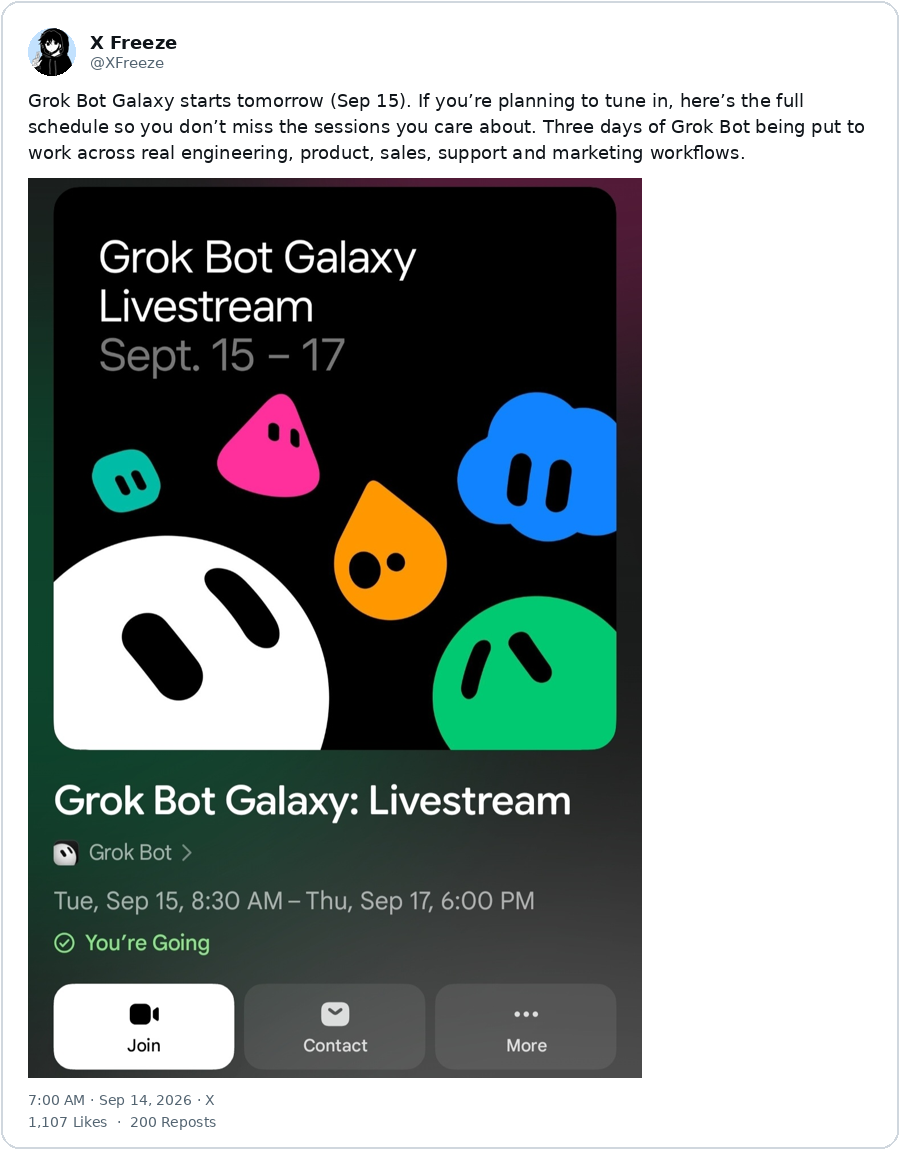 XFreeze post with the Grok Bot Galaxy session schedule for Sept. 15 - 17