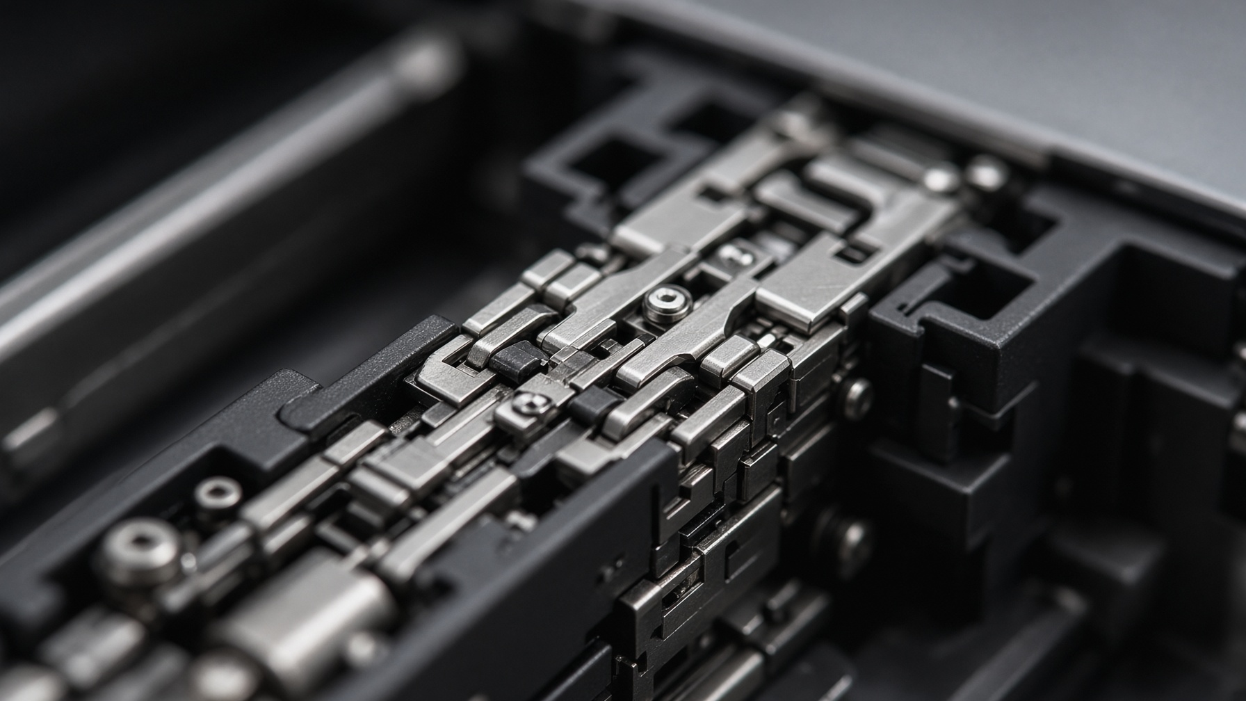 Macro photograph of a precision metal hinge mechanism