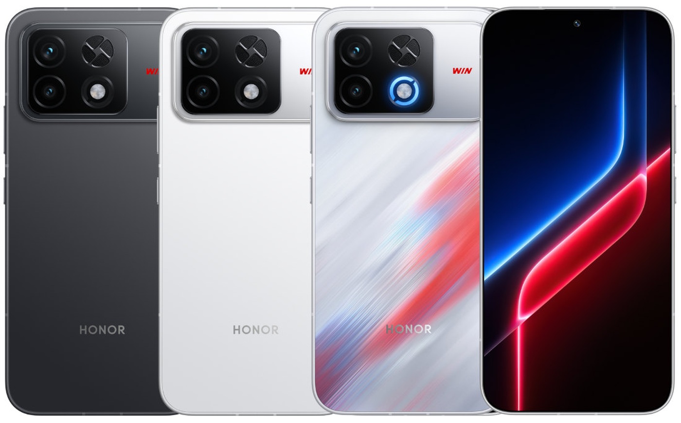 The Win 2 front and back, in the three colors Honor calls Red Blue Buff, Designated Win and Quick Black