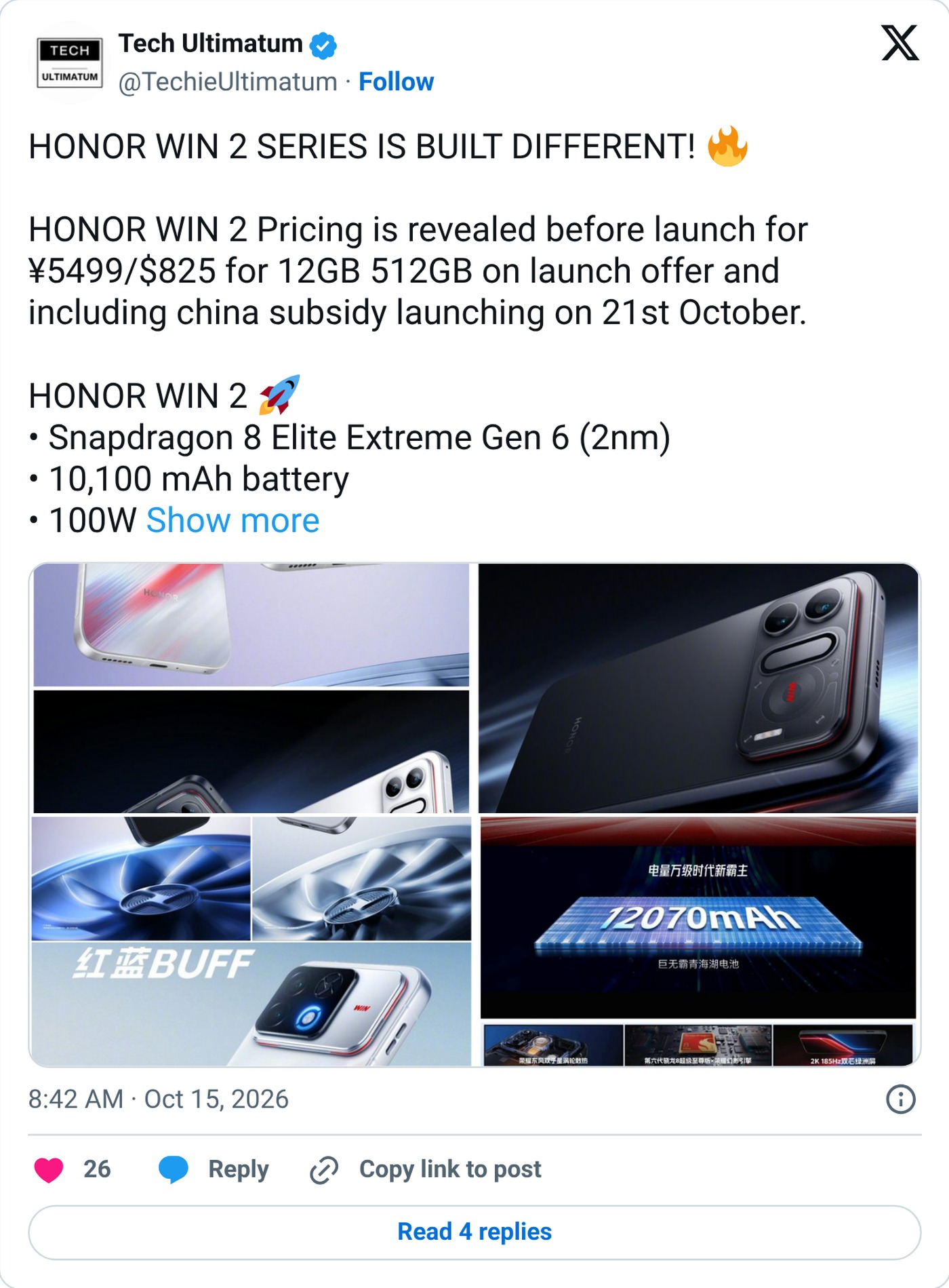 TechieUltimatum on X on the Win 2 subsidy price and Oct. 21 launch