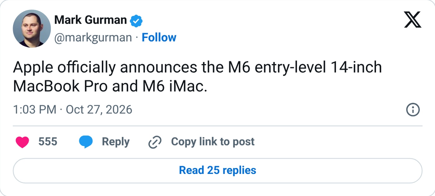 Bloomberg’s Mark Gurman flagged the announcement on X.