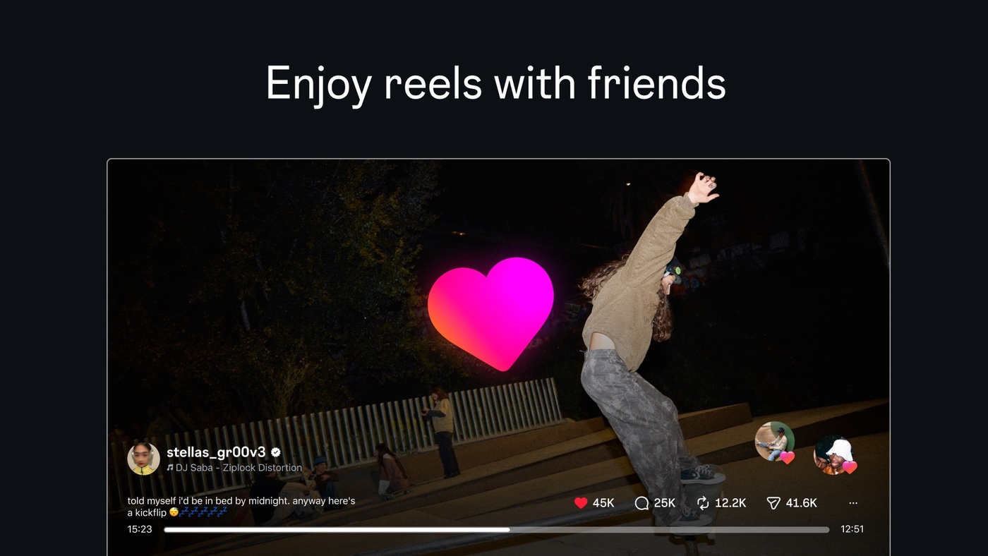 Reels play full screen with likes and comments on the Apple TV app.