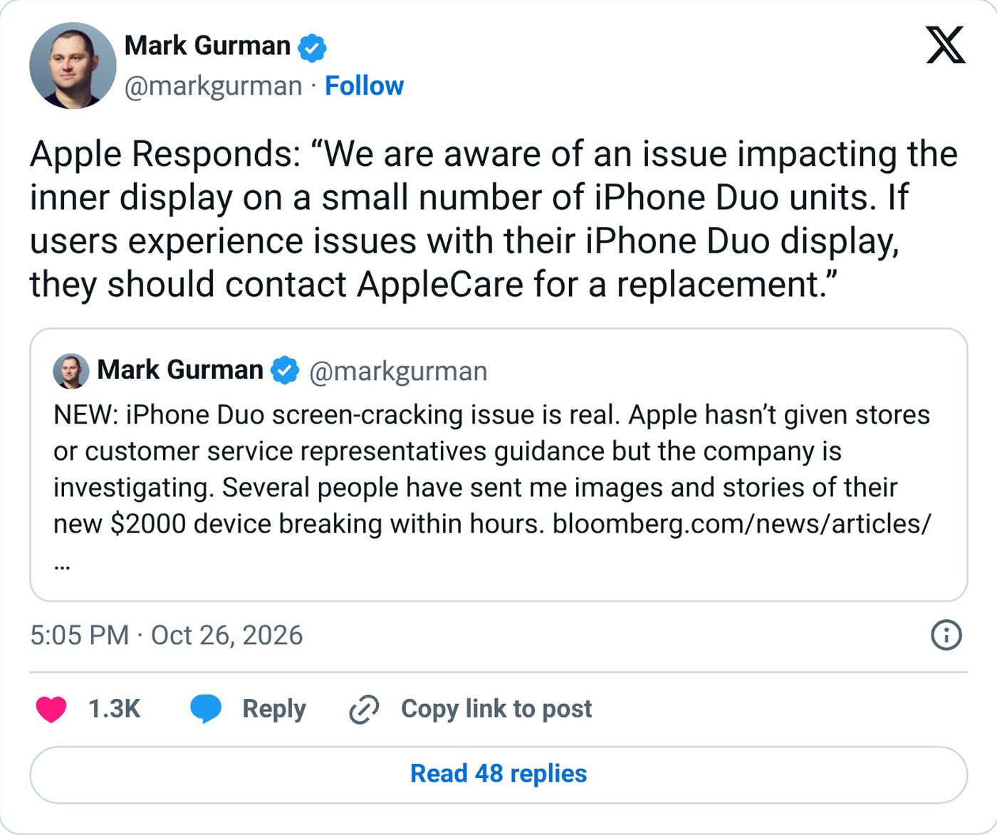 Gurman shared Apple’s statement on X.