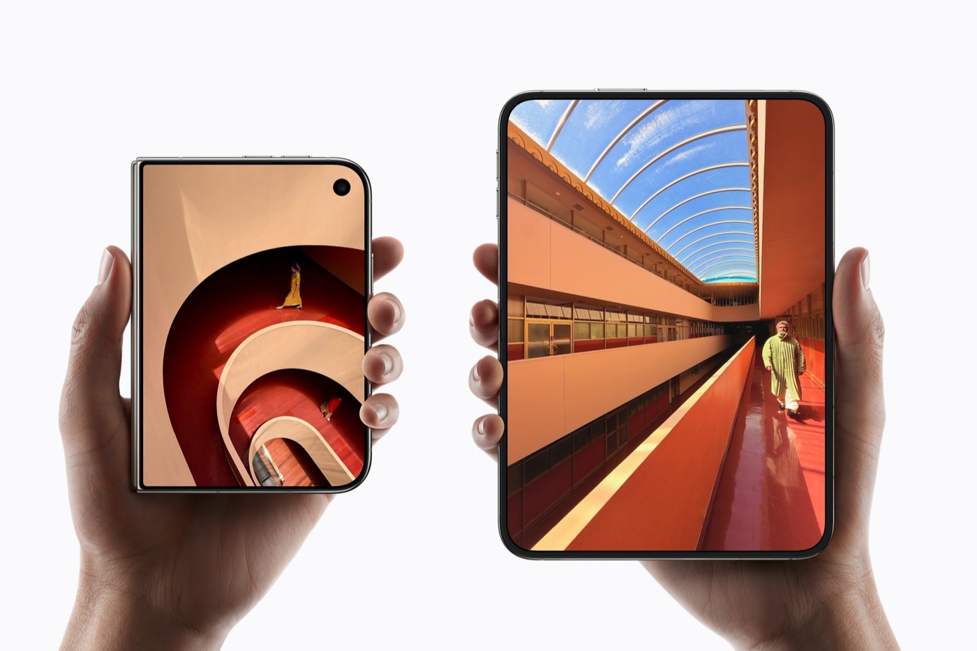 The Duo folds closed to a single outer screen and opens to a larger inner display.