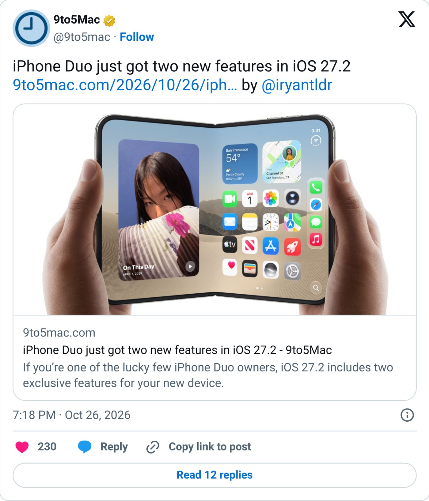 Screenshot: @9to5mac on X, Oct. 26, 2026