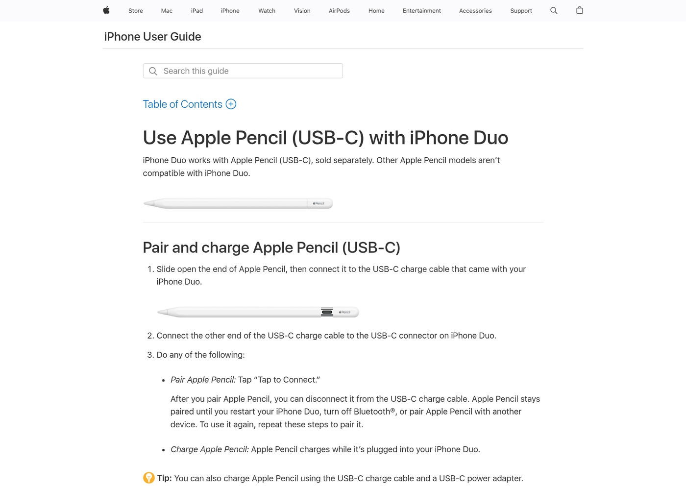 Apple’s support page for using Apple Pencil (USB-C) with iPhone Duo.