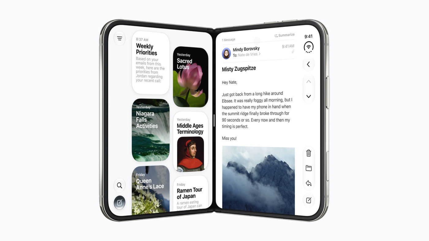 iPhone Duo unfolded, with Mail and Siri running side by side on the 7.6-inch inner display