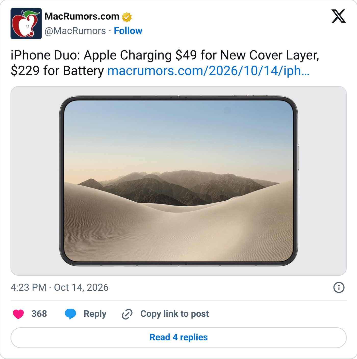 MacRumors on X on iPhone Duo cover layer and battery service fees