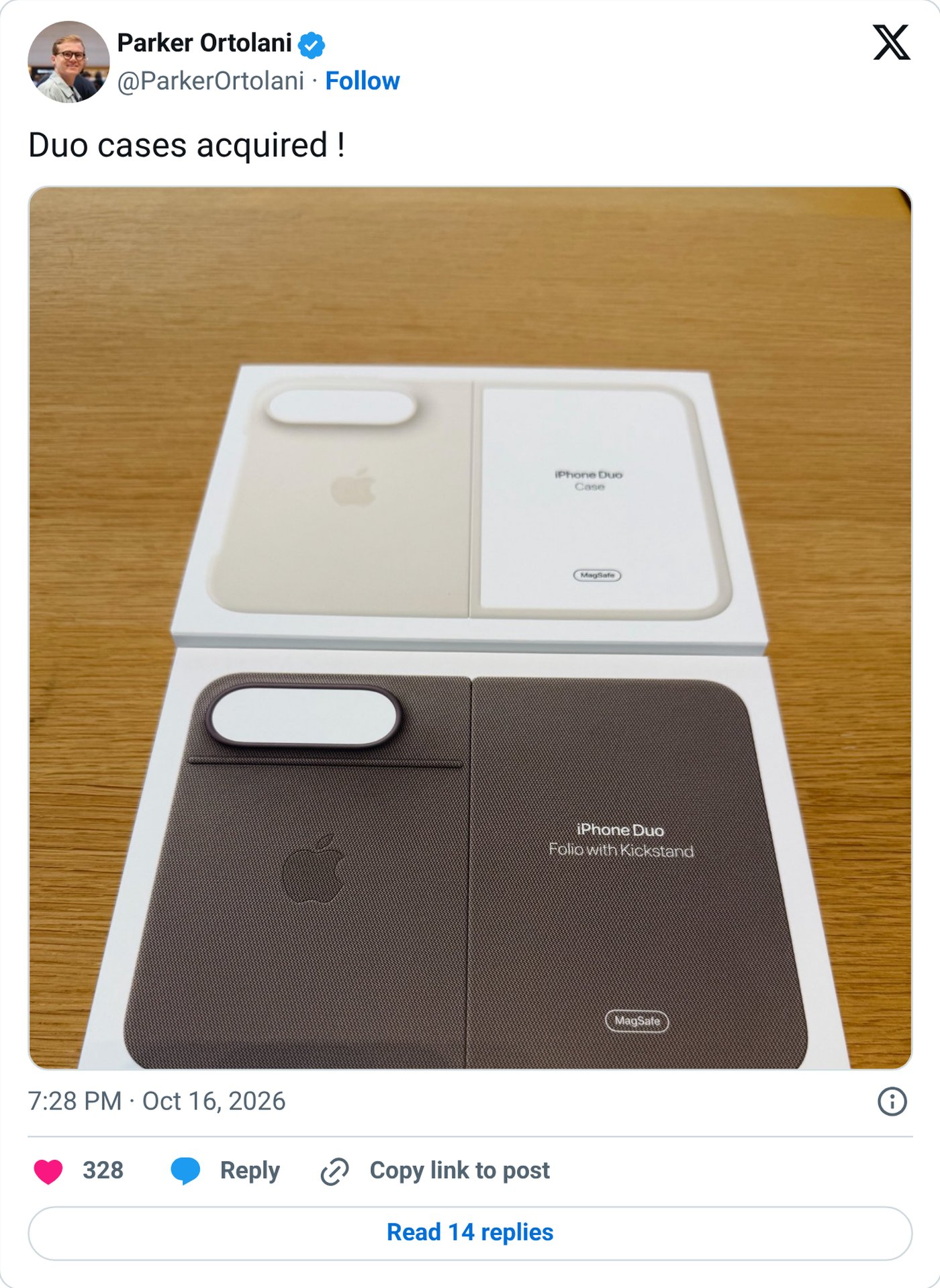 Parker Ortolani's unboxing photo of Apple's official Duo Case and Folio