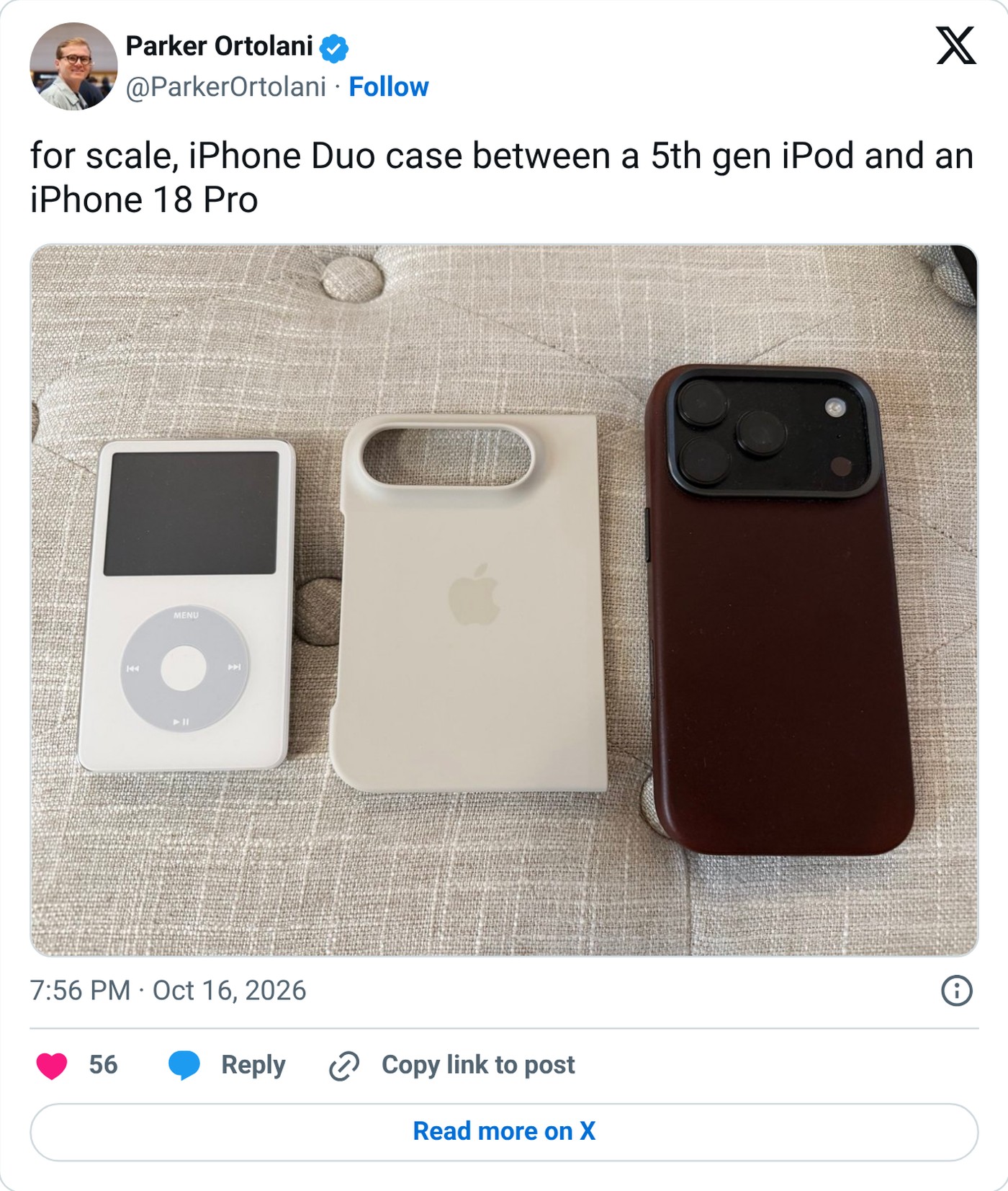 Size check: Duo Case between a 5th-generation iPod and an iPhone 18 Pro
