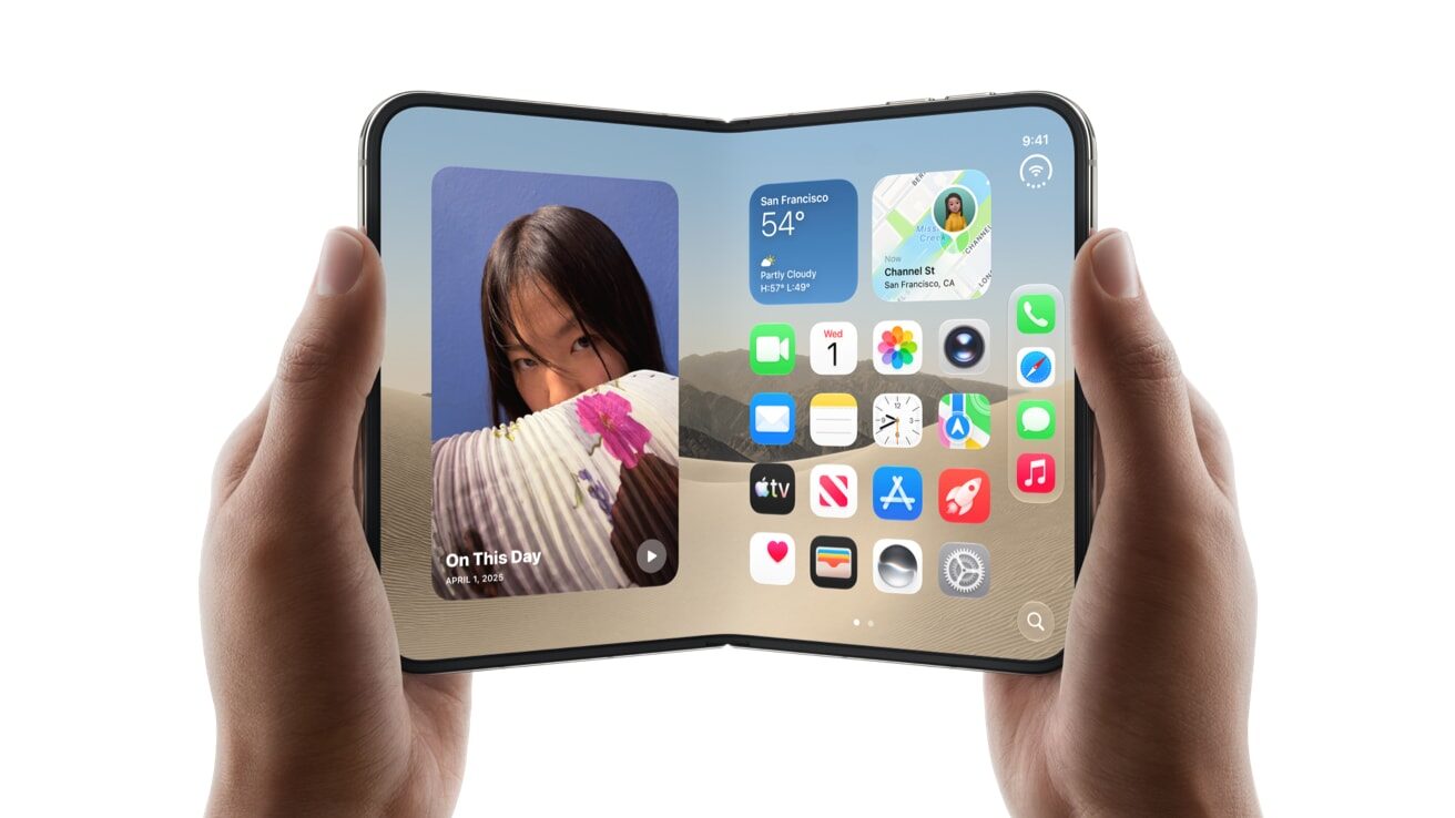 Open iPhone Duo inner display showing a landscape photo, gold finish