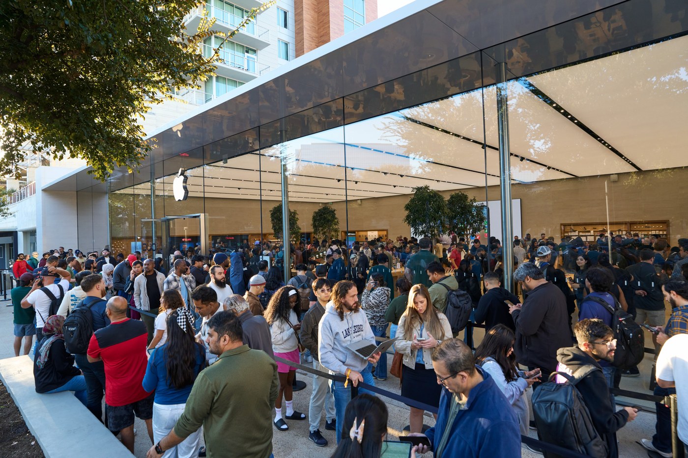 Customers line up outside Apple Domain Northside in Austin, Texas, for the iPhone Duo launch on Oct. 23.