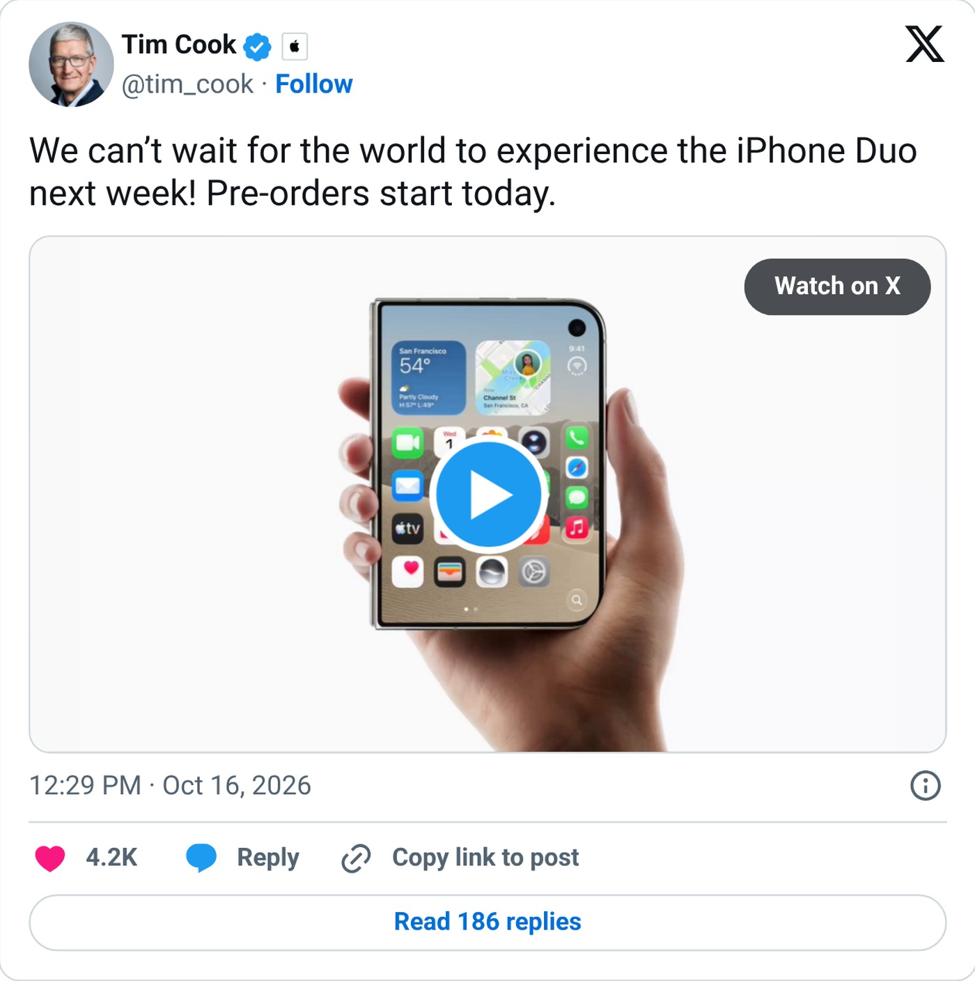 tim_cook on X announcing iPhone Duo pre-orders