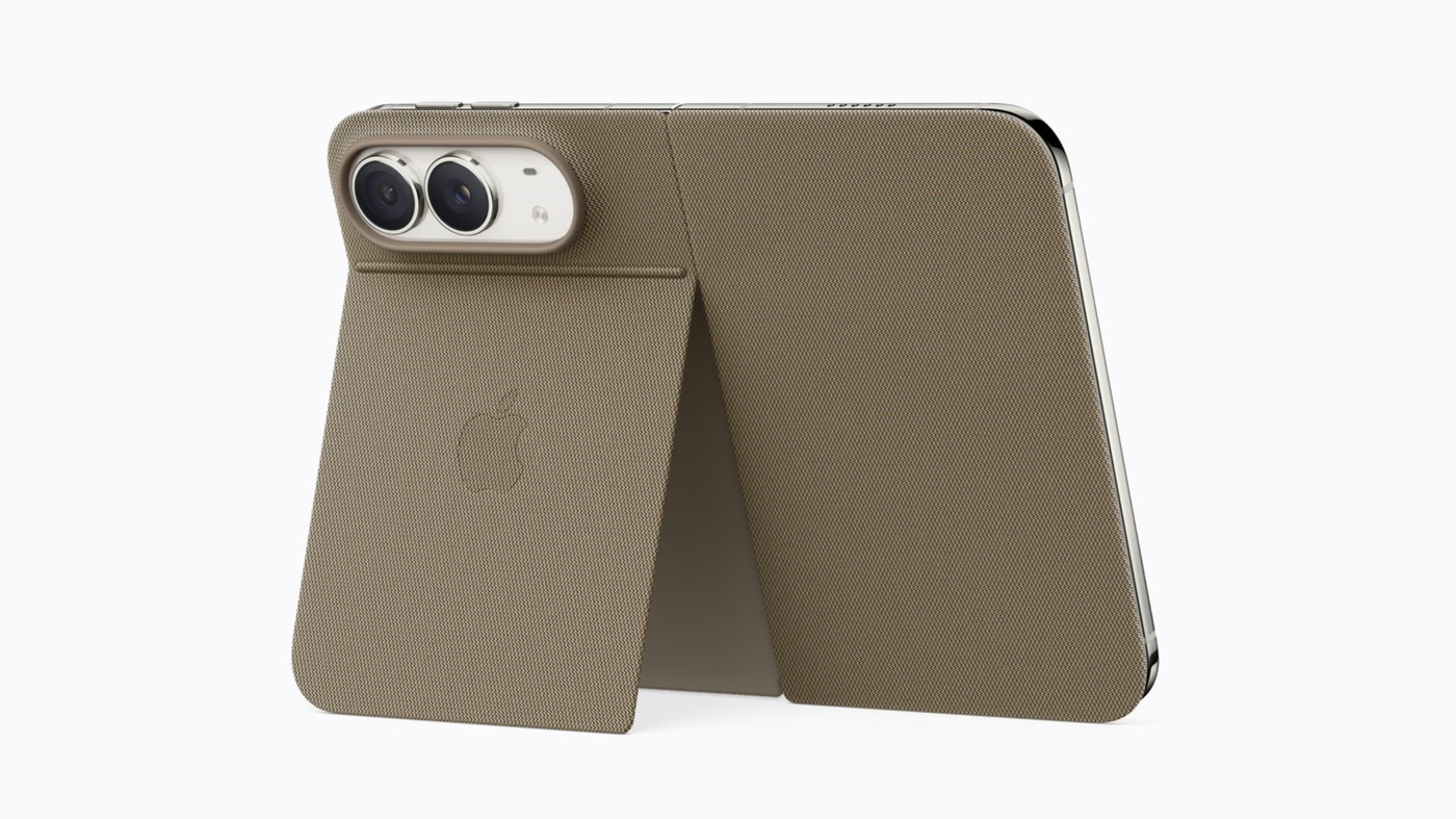 The iPhone Duo Folio in taupe, with its built-in kickstand