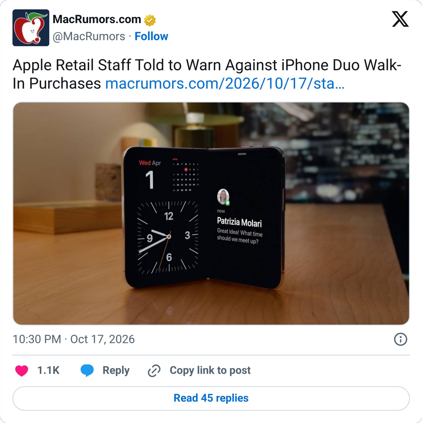 MacRumors on X sharing its report on iPhone Duo walk-in purchases